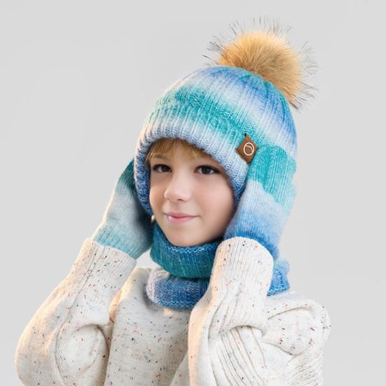 3Pcs/Set Kids Winter Knitted Scarf Gloves Set Pom Pom Ball Rainbow Color