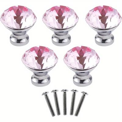 5pcs Pink Glass Dresser Knobs, Crystal Drawer Knobs, Cabinet Cupboard Bathroom Kitchen Office Decorative Furniture Pulls, 1.22*1.18 Inch, with Screws