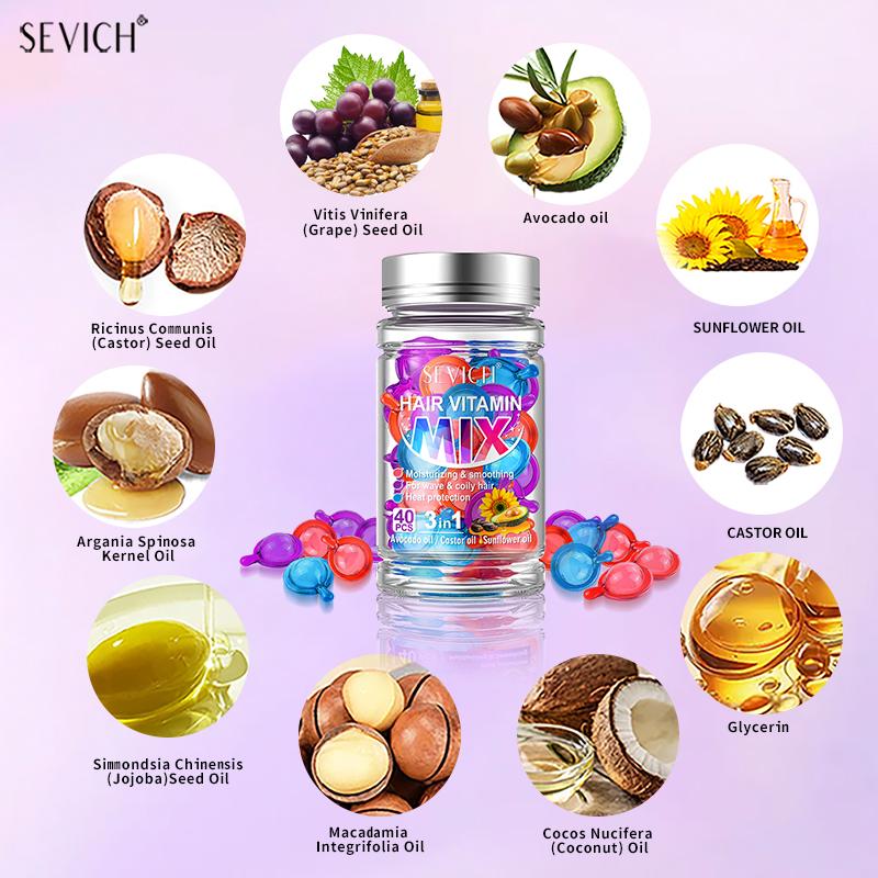 Lot de 40 capsules de vitamines pour cheveux, mélange d'huiles de traitement pour cheveux, réparation des cheveux abîmés, lisses, sérum de soin, complexe de kératine nourrissant