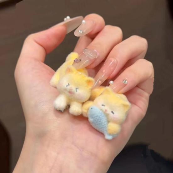 Hairpin Flocked Cat Hug Fish Design Hair Clip Soft Healing Multiple Expression Styles Versatile Hair Accessory