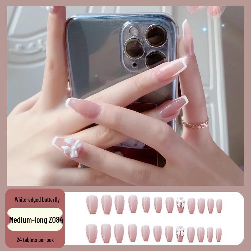 

French White Edge Bow Medium-Long Wearable Fake Nail Art Glue Model