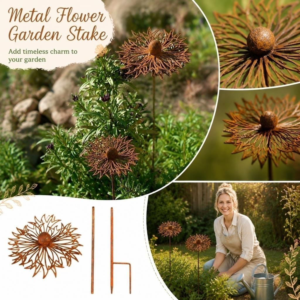 Metall-Gartenstecker Dekorativ für Außenbereich Rasen Hof Pflanzenhalter mit 3D-Blumendesign Rost-Finish Geeignet für Terrasse Balkon und Heimdekoration