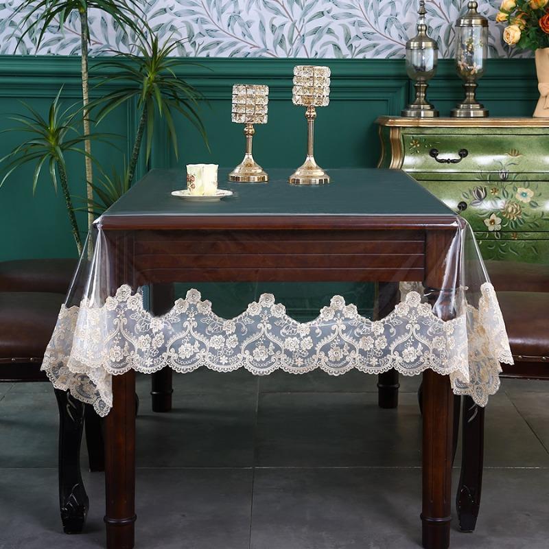 Waterproof Table Cloth PVC Transparent Dining Table Cover Soft TableCloth Champagne Lace Embroidered Oil-proof Crystal Plate