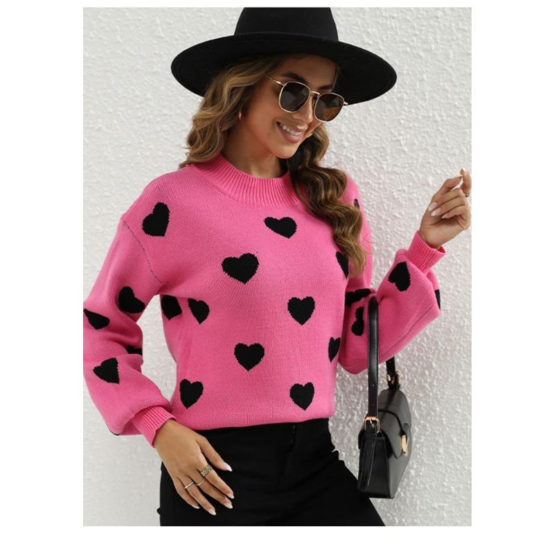 Women S Western Style Pullover Crew Neck Long Sleeve Knit Sweater With Heart Print