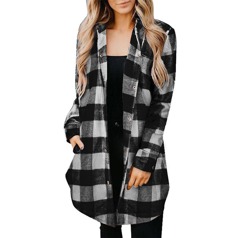 Women s Long Sleeve Lapel Mid-length Autumn and Winter Warm Plaid Shirt S чёрный
