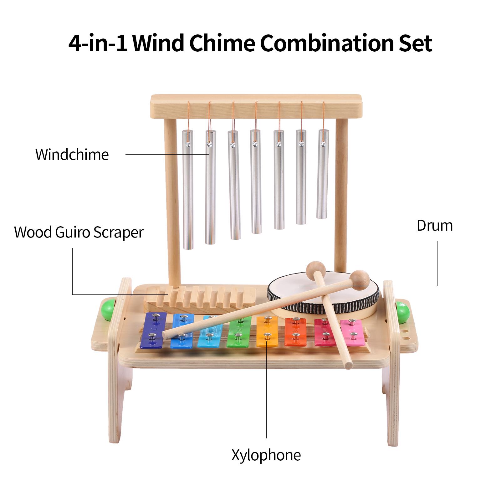 

Wind Chime Combination Set Kids Drum Set Windchime Xylophone Drum Wood Guiro Scraper 4 in 1 Musical Instruments Set