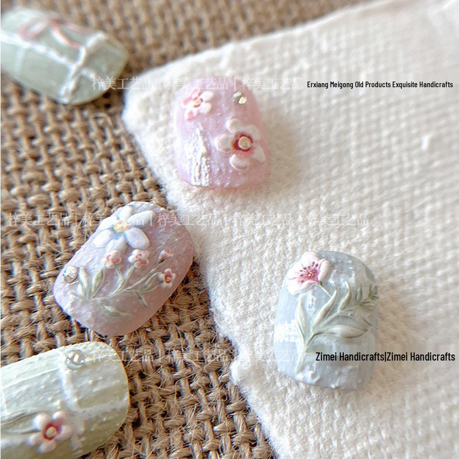 Korean Spring & Summer Monet Floral 3D Nail Stickers - Hand-Painted, Embossed, Self-Adhesive DIY Decor for Students