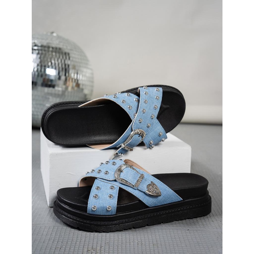 Summer New Style, Cross Thick Soled Shoes, Buckle Rivet Slippers, Women's Fashionable Casual Shoes, Outdoor Beach Sandals