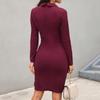 Women's Solid Color Long Sleeve V Neck Button Zipper Slim Fit Mid Length Formal Dress