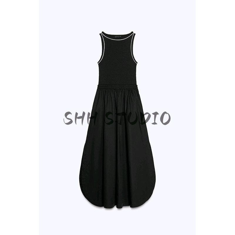 Spring New Women's Clothing European and American Leisure Color Contrast Patchwork Sleeveless Round Neck Midi Skirt Dress 8372046