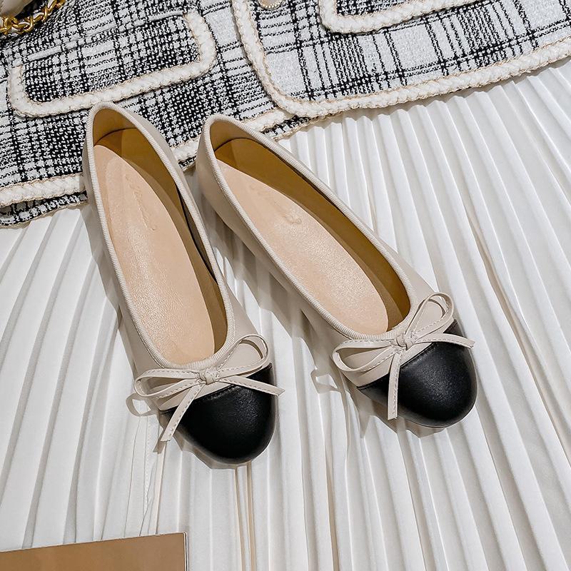 

Модные балетки с круглым носком и бантом, женские балетки из натуральной кожи, женские лоферы 2025, мокасины смешанных цветов, большие размеры 34-43 4.5 абрикосовый