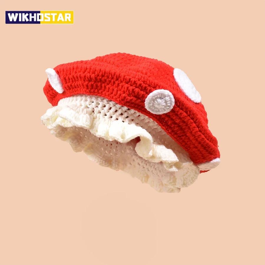 Niche Personality Hand Crocheted Women Mushroom Hat Autumn and Winter Cute Fun Decoration Warm Knitted Men Bucket Hats