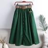 2025 Spring Summer Women Washed Cotton Elastic High-waist Skirt Pocket Belt Solid Long A-line Skirts Split Hem All-match Skirts