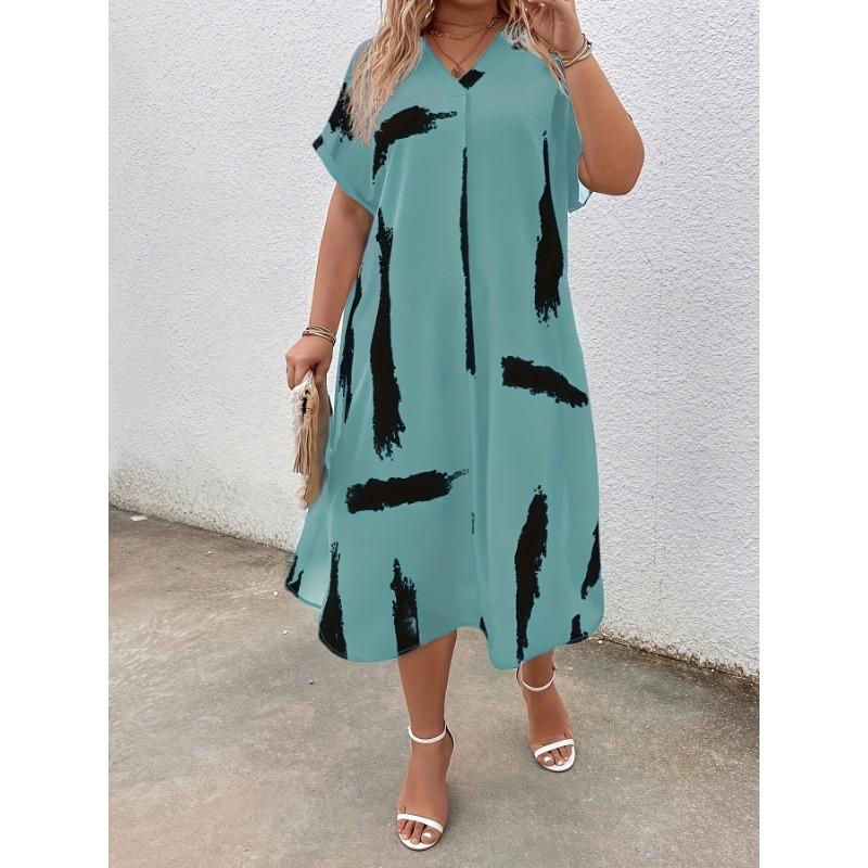 Plus Size, Plus Size V-Neck Short Sleeve Printed Loose Dress
