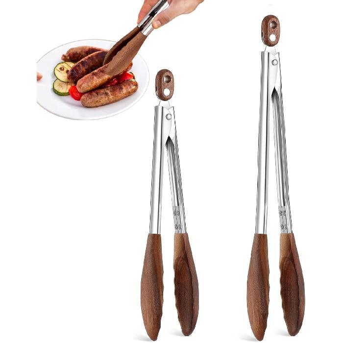 Premium Wooden Tongs for Cooking & Serving Food, Stainless Steel with Walnut Wood Tip, Anti-Slip Long Handle, Heat Resistant, Smooth Locking &
