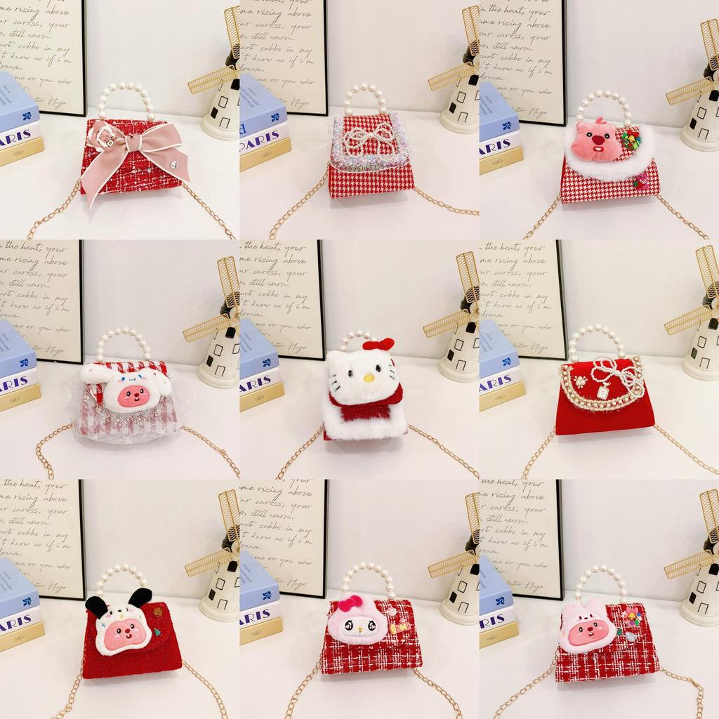 Melody Hello Kitty Puppen Dekor Schulter Crossbody Tasche Künstliche Perlenhenkel für den täglichen Gebrauch