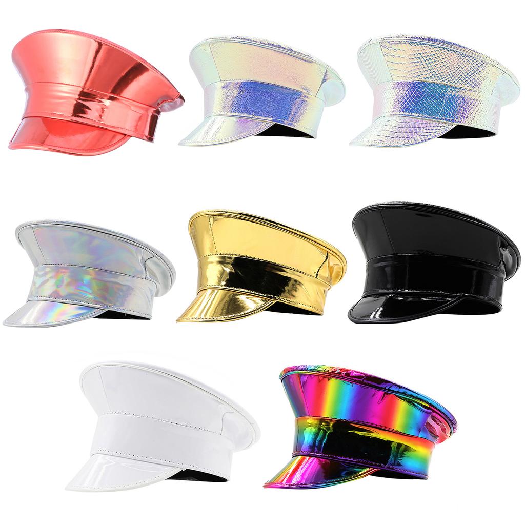 PatentLeather Military Hat for Women Novelty Glitter Party Hat Sergeant Captain Cap for Stage Club Bachelorette Party