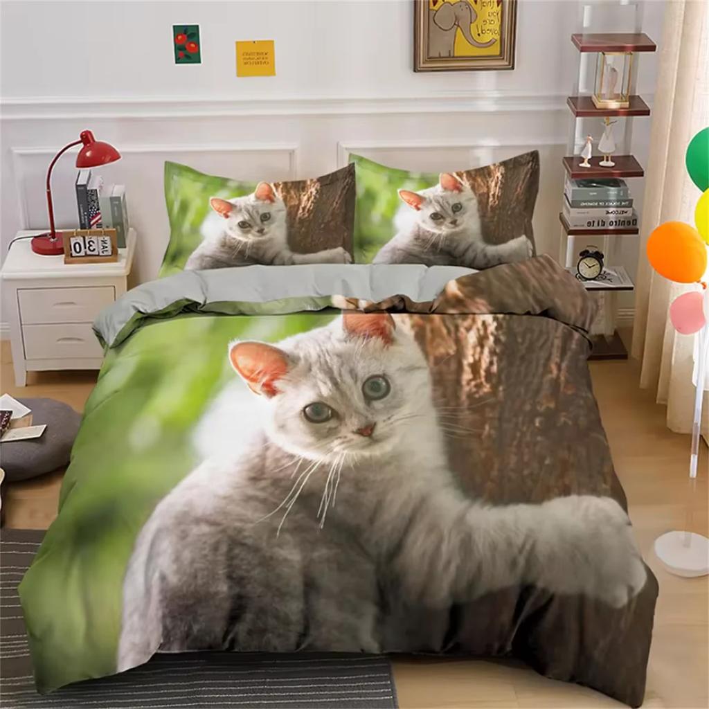 Cute Cat Bedding Set 3D Duvet Cover Set Single Double Twin Full Size Teens Adults Bedclothes Soft Polyester Bed Linen For Baby