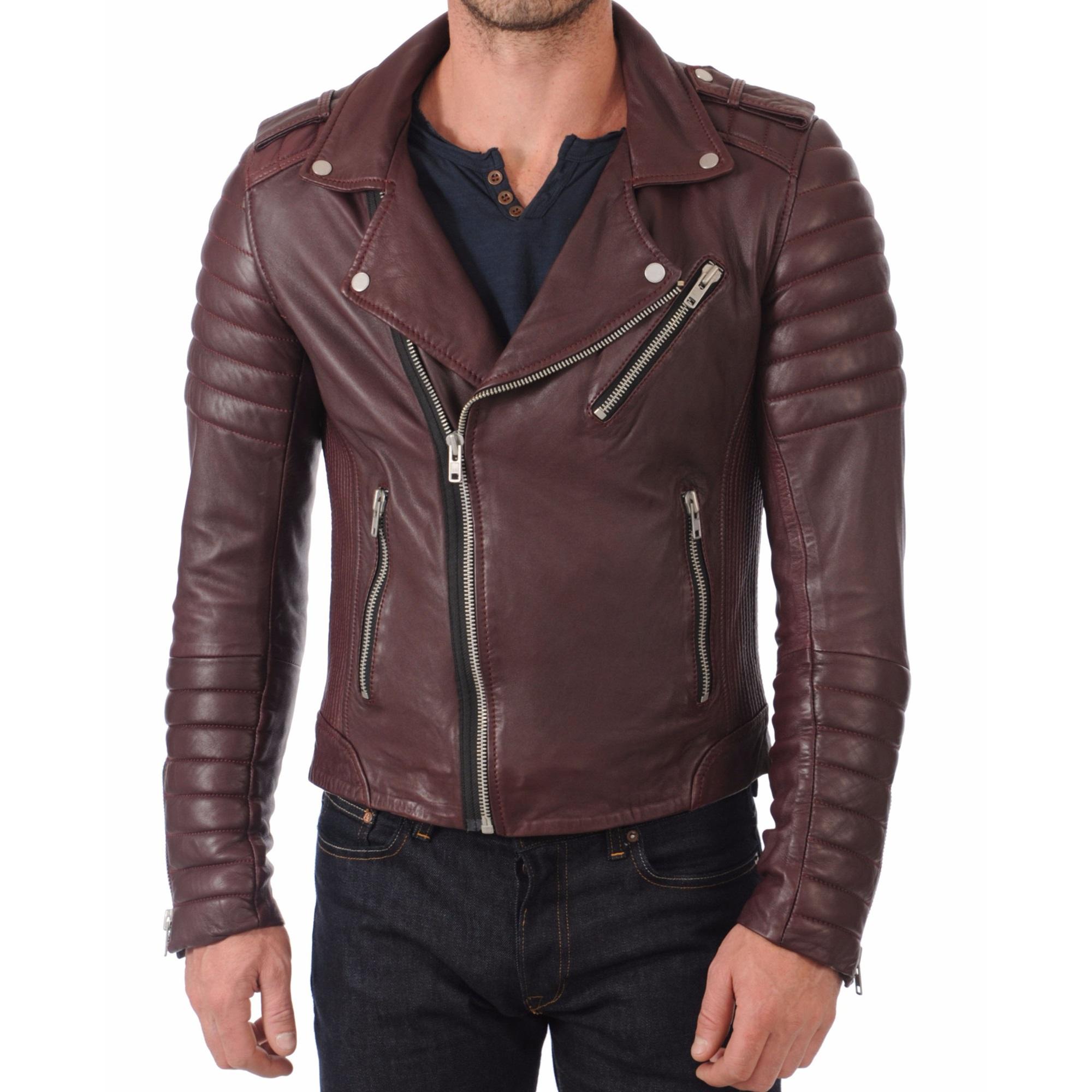 

SkinOutfit Men s Genuine Lambskin Burgundy Leather Jacket Stylish Motorcycle Bomber Biker Outerwear MJ 51 XXL коричневий