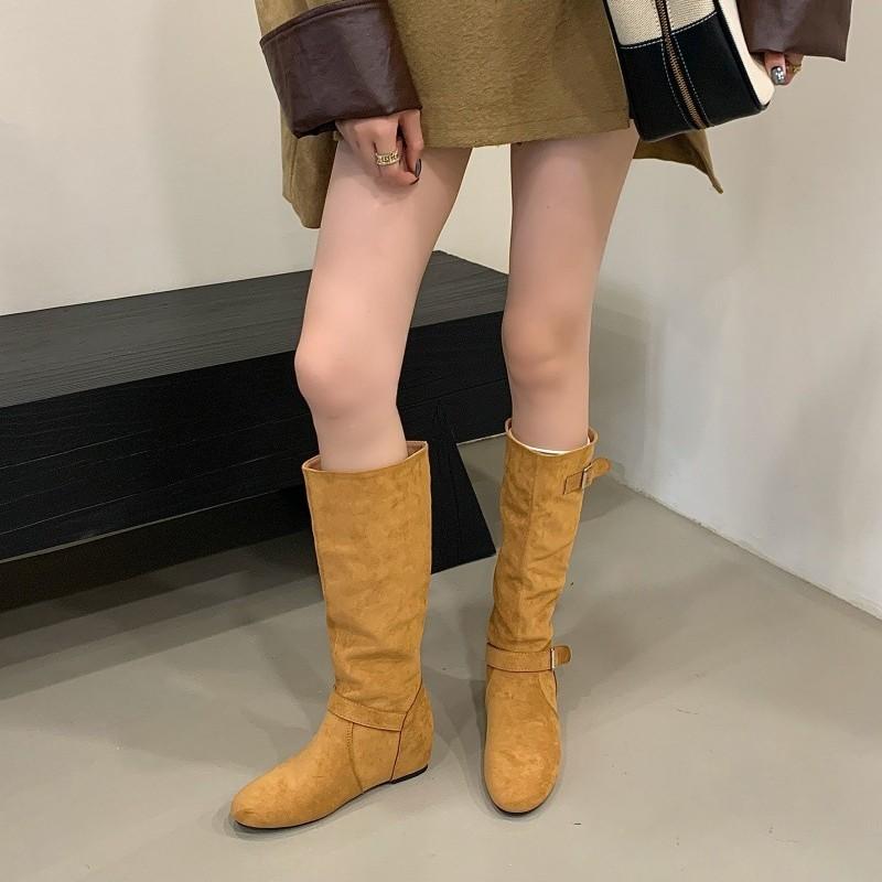 2025 new breasted fashionable round head boots thick-soled versatile high boots black Korean version retro knight boots women