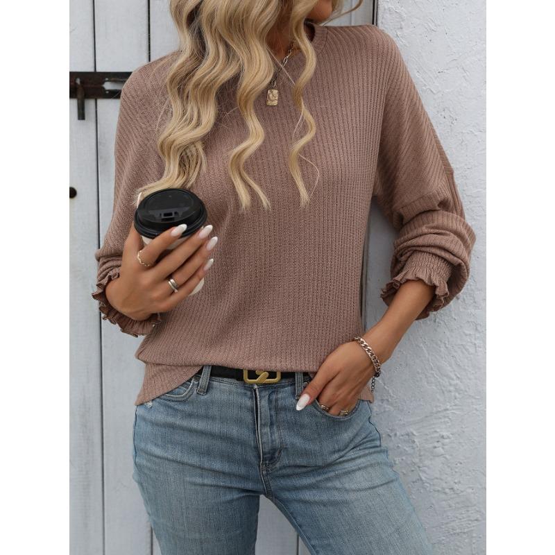 Spring Autumn Round Neck Solid Color Ruffles Tee Women Long Sleeve Loose Casual Pullover Tee Bottomed Top