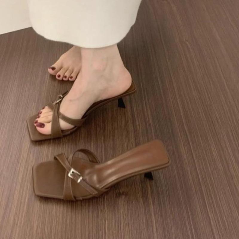 Summer New Belt Buckle Square Toe Sandals Fine Heel Non-tiring Feet French Open-toe Over-wear Sandals and Slippers
