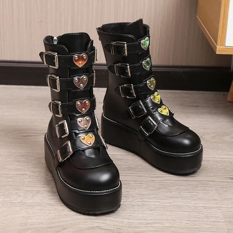 Yeni Büyük Boy43 Moda Havalı Sokak Tokaları Gotik Kış Platform Motosiklet Botları Cadılar Bayramı Siyah Kadın Ayakkabısı Platform Botlar