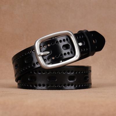 Womens Genuine Leather Belt With Hollow Design Adjustable Pin Buckle Jeans Trousers Casual Office Wear