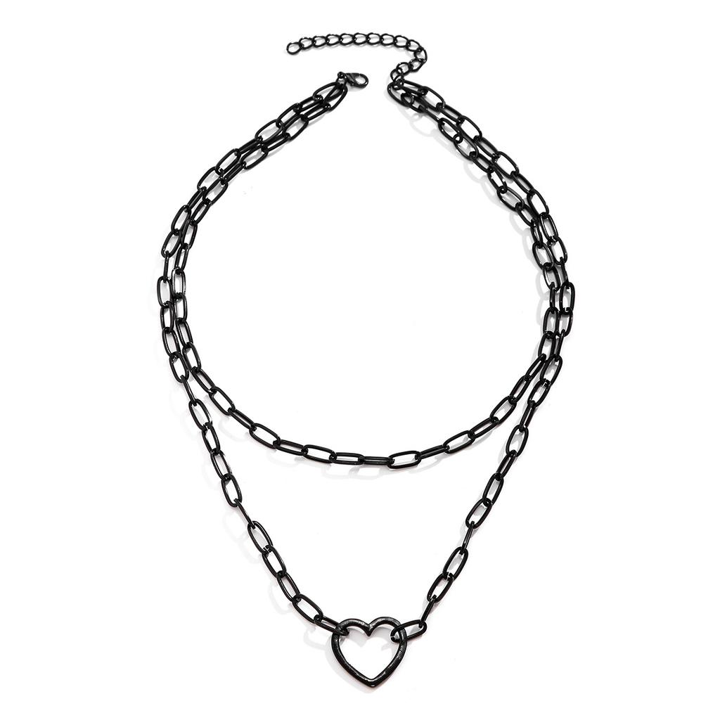 Hip-Hop Personality Black Cross Chain Necklace Female, Retro Heart-Shaped Double-Layer Collarbone Necklace