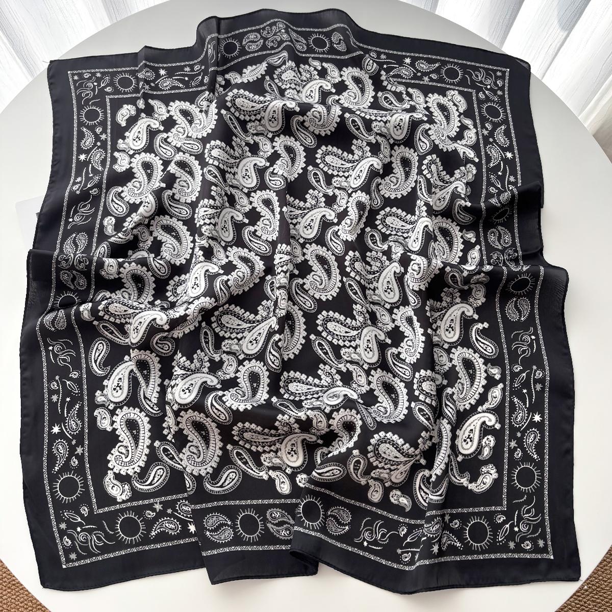 

Luxury Black Silk Square Scarf For Women Cashew Neck Shawl Warps Elegant Neckerchief Bandanas Hijab Soft Stain Ladies Scarf