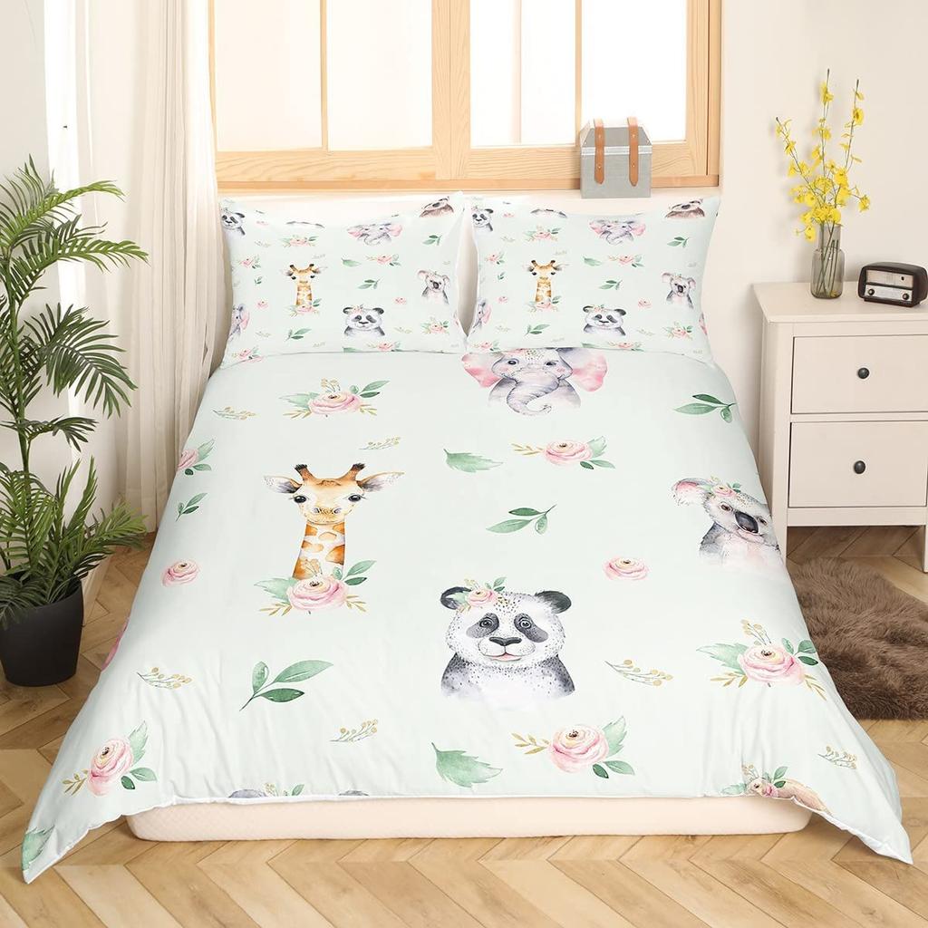 Pink Cute Animals Comforter Cover Set,Cartoon Elephant Duvet Covers for Kid Boy Girl Child King Queen Size Polyester Bedding Set