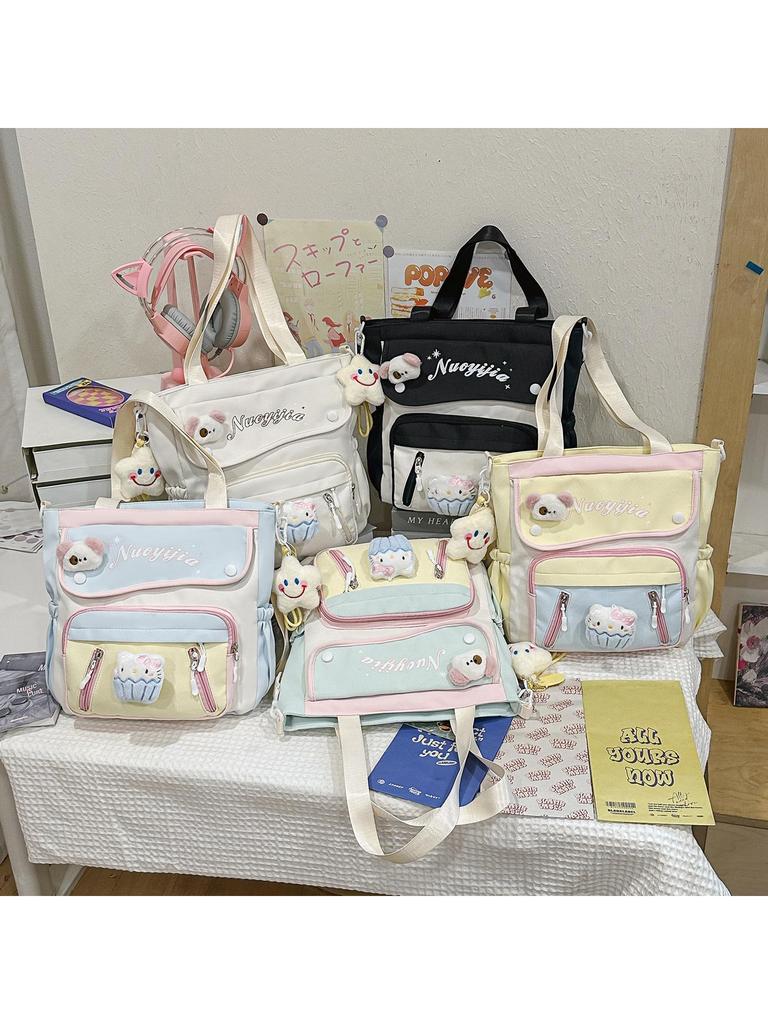 Japanese-Style Color-Block Tote Bag for Students: Lightweight, Large Capacity, Single-Shoulder Design