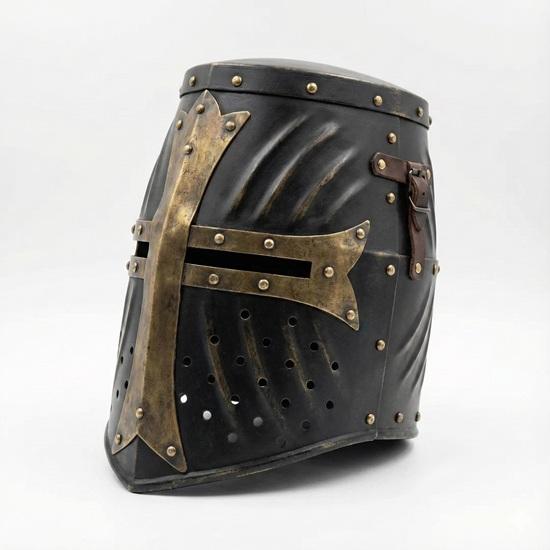 Medieval Crusader Great Helmet Blackened Steel Templar with Brass Cross SCA LARP Cosplay Gift Knight Armor Gift for Him