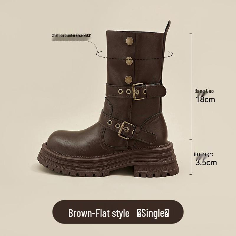 2025 New Women's British Style Martin Boots - Brown Retro Mid-Calf, Perfect for Early Autumn with Skirts