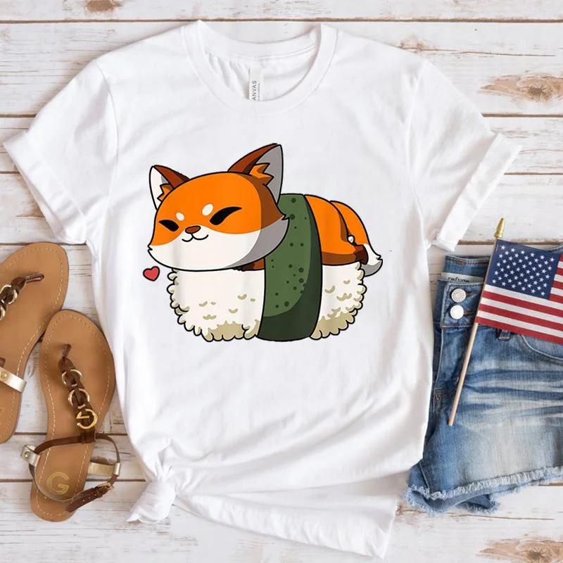 Harajuku T-shirts Sushi Fox Print Funny Cartoon T Shirt Women Ullzang Fashion T-shirt 90s Kawaii Tshirt Graphic Top Tees Female