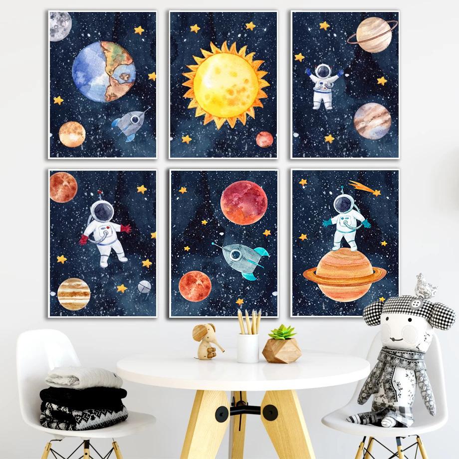 Custom Kids Name Wall Art Poster Print Space Rocket Astronaut Planet Nursery Canvas Painting Personalized Wall Art Painting Art