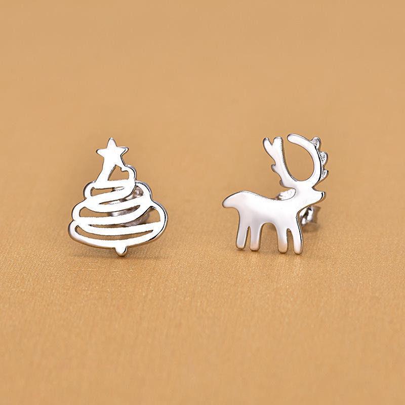 S925 Silver Reindeer & Christmas Tree Asymmetrical Stud Earrings - Women's Korean Mori Style