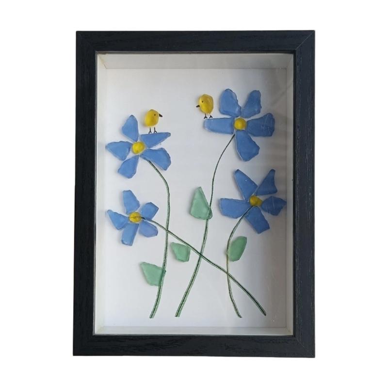 

Handmade Sea Glass Artwork Forget Me Not Flower Birds Frame Table Art Decors Housewarmings Gift for Friend Home Decors