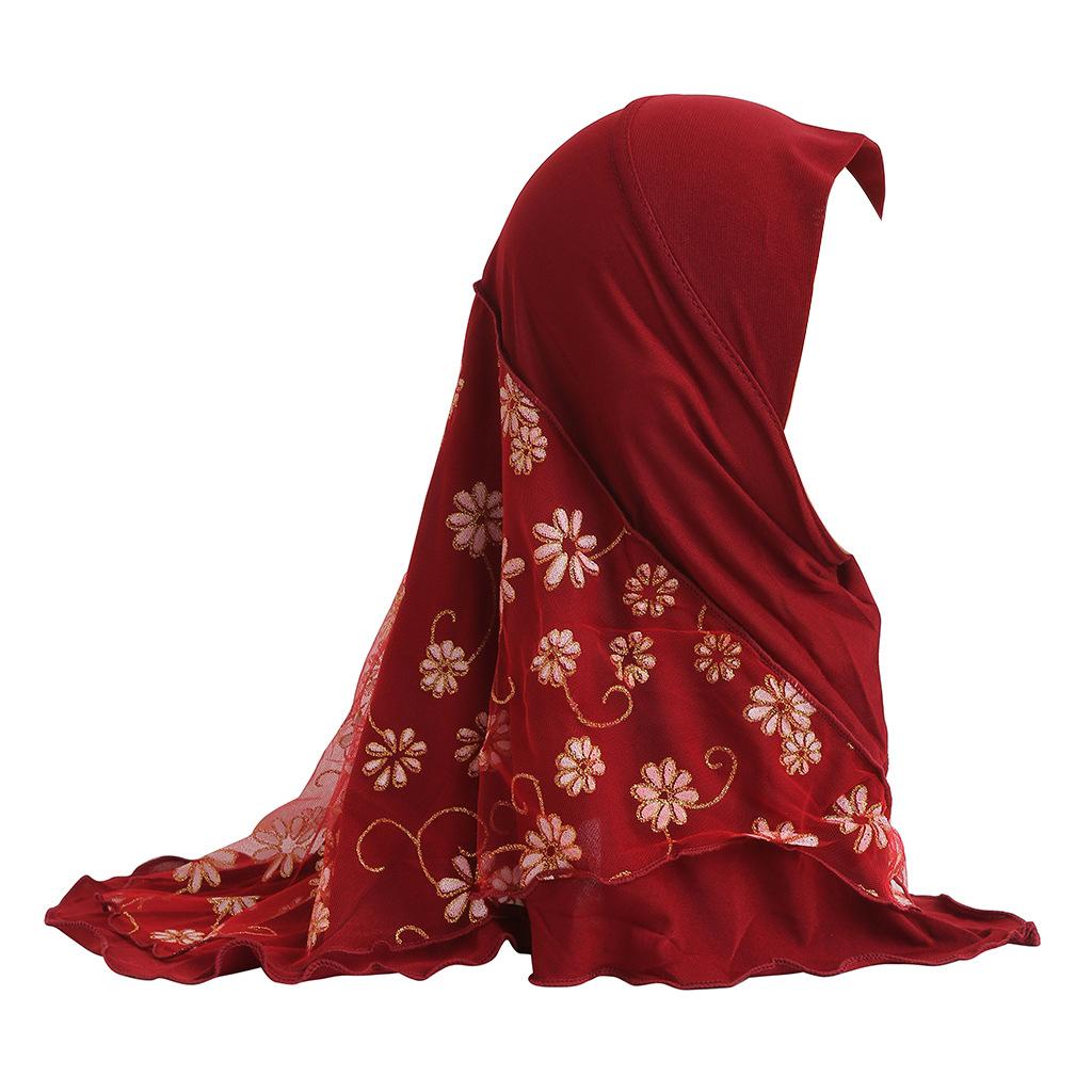Fashion Instant Hijab Headscarf Fit 2-6 Years Old Girls Muslim Hijab Hat Islamic Headscarf Embroidery Full Cover Turban Caps