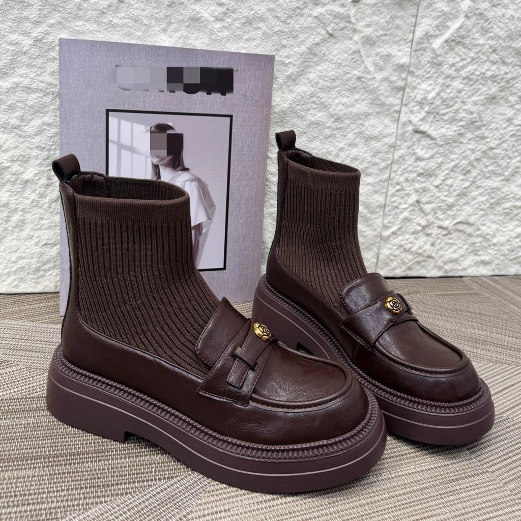 Thick-soled British short boots women's autumn and winter new camellia elastic thin boots Martin boots knitted socks boots