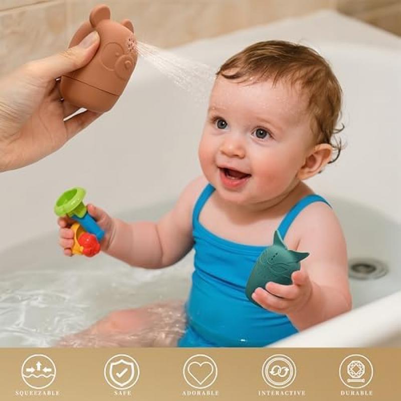 Baby Bath Toys Set - 4 Pack Soft Silicone Bathtub Toys Floating Water Toys, Sensory Squeeze Toys for Toddlers, Cute Animal Shapes Pool Toys