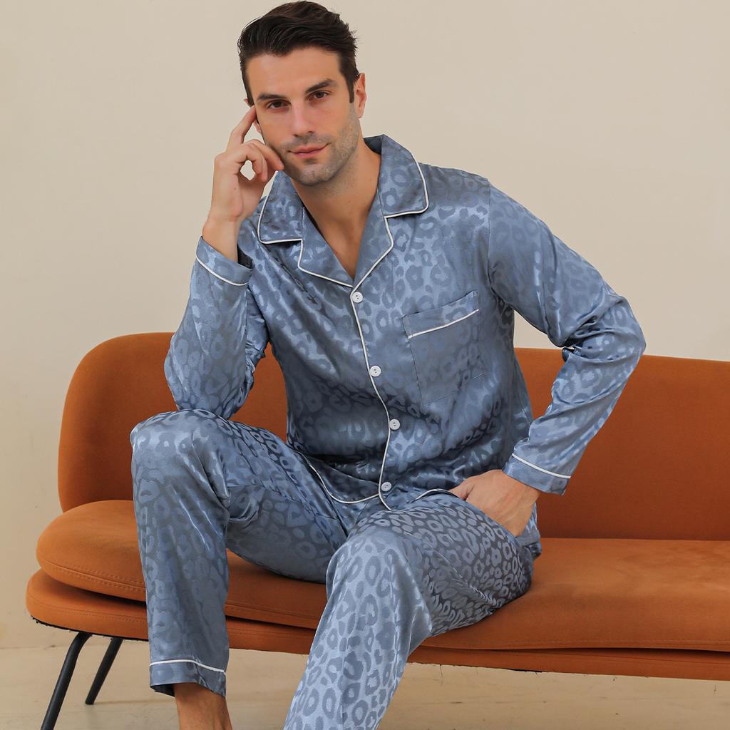 Moolmeyno Men's Ice Silk Pajamas Long Sleeve and Pants Set