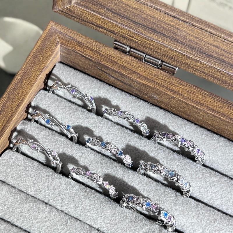 French Light Luxury Cross-Color Mixed Zircon Rose Open Ring Ring Women'S Niche Premium Thorn Ring