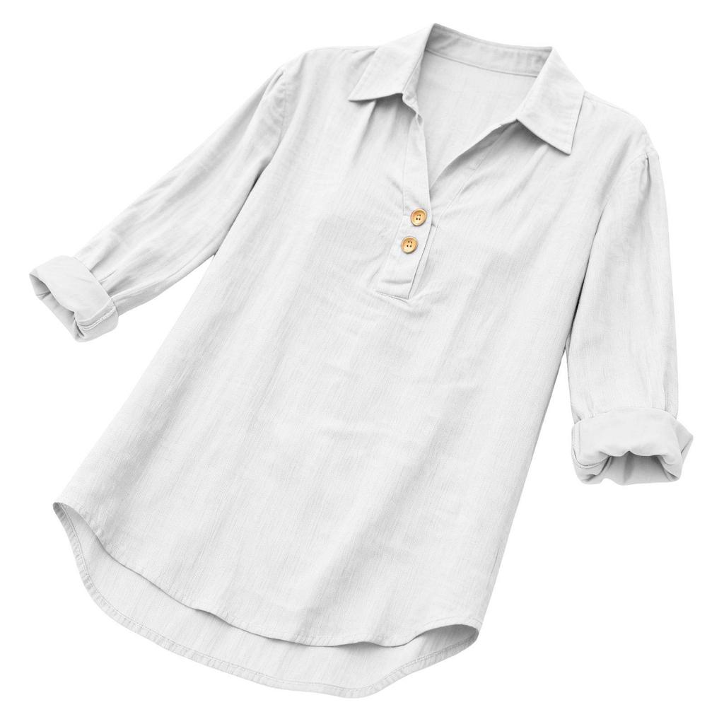 Women's Seven-Sleeve Cotton Linen Lapel Shirt - Solid Color, Casual, Breathable