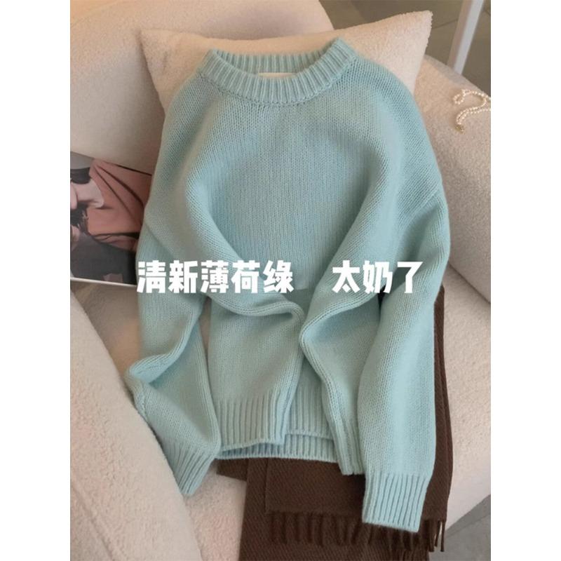 

Premium soft waxy raccoon fleece crew neck sweater women s winter thickened lazy wind with knitted sweater top One size