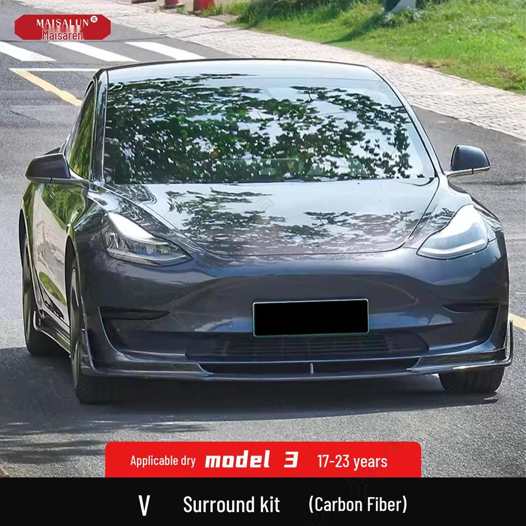 Tesla Model 3 V Style Carbon Fiber Front Lip & Side Skirts Kit