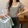 Women's French-Style Black & White Striped U-Neck Square-Shoulder Short-Sleeve Summer T-Shirt