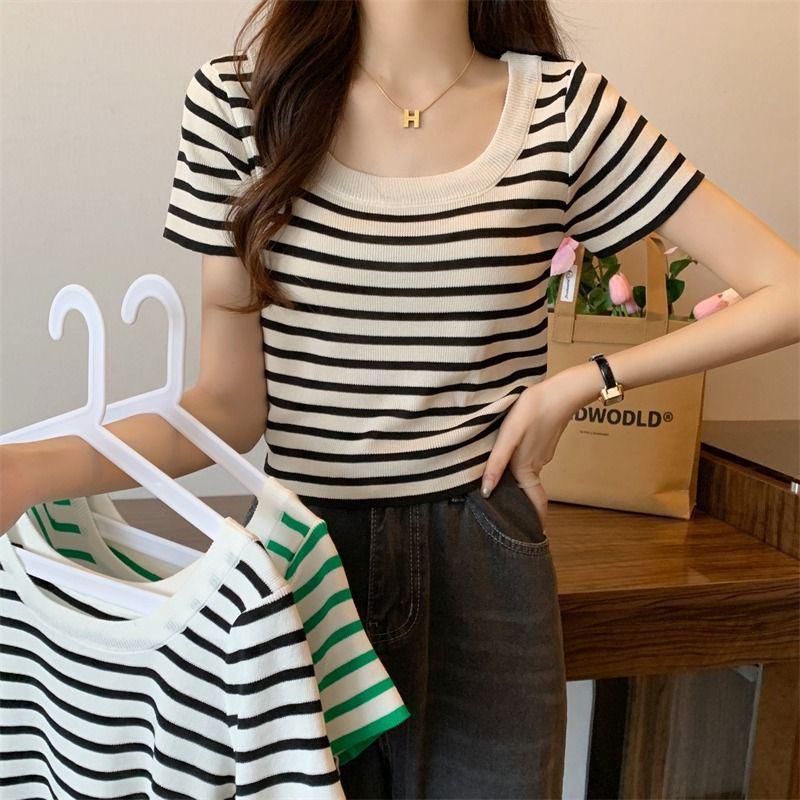 Women's French-Style Black & White Striped U-Neck Square-Shoulder Short-Sleeve Summer T-Shirt