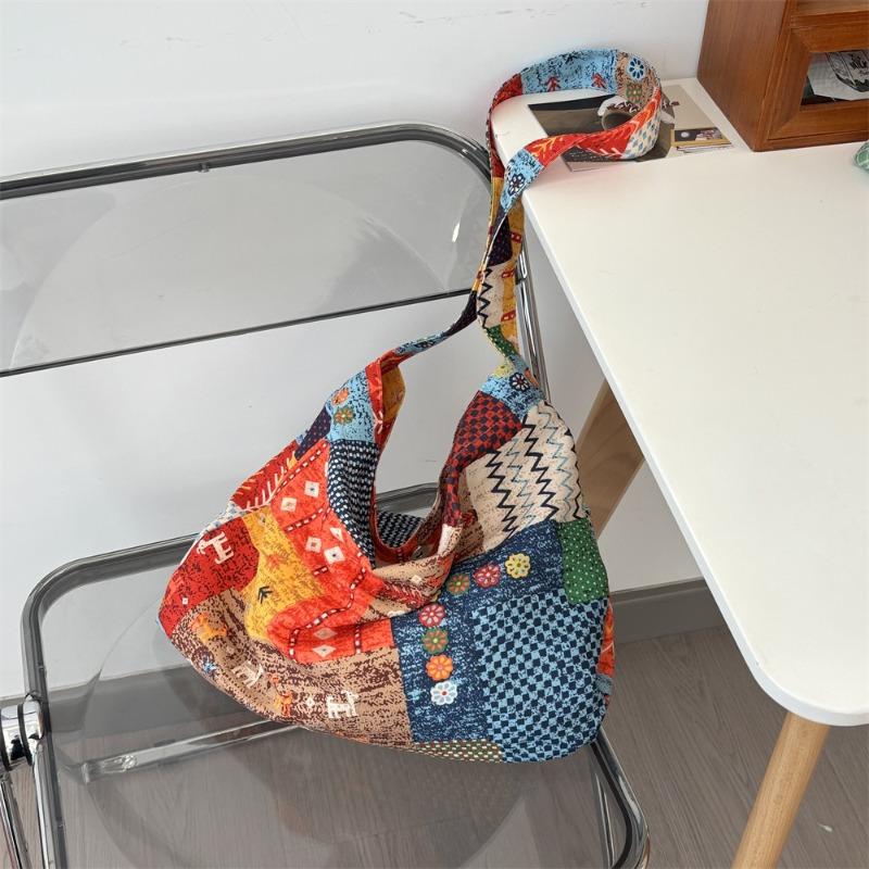 New retro ethnic style contrasting color collage shoulder messenger bag large capacity underarm canvas bag women