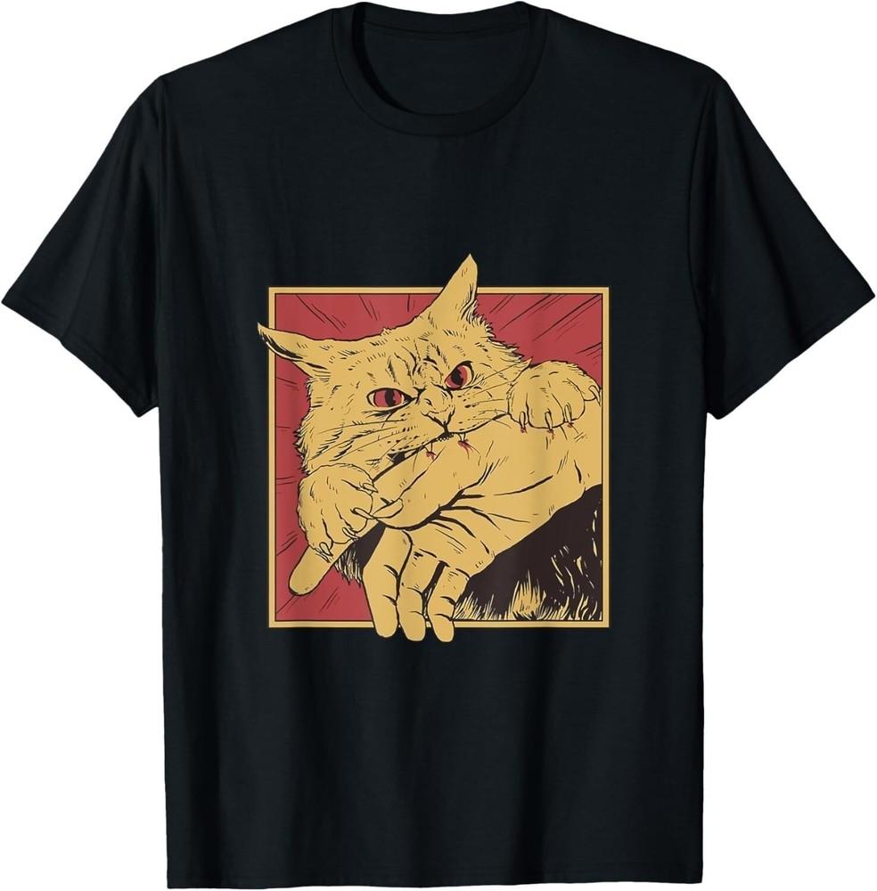 Funny Cat Bite Tee; Japanese Anime Style; Unisex Graphic Unisex T-Shirt L